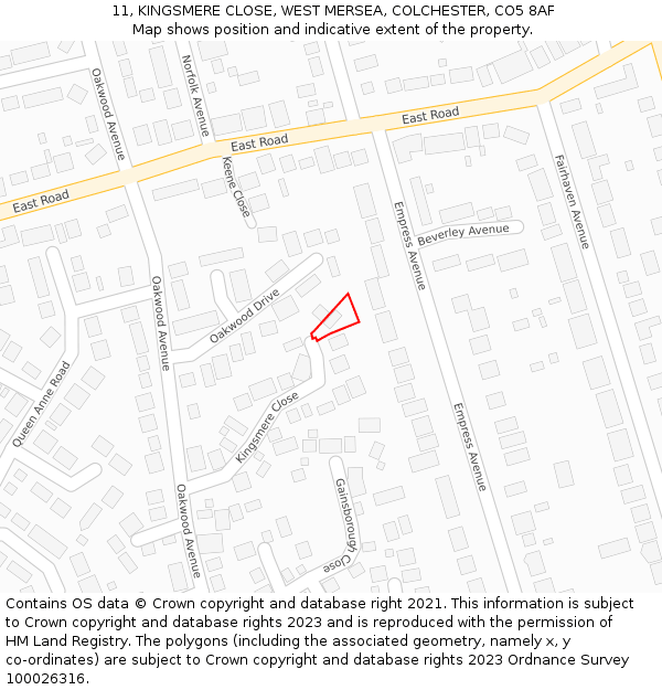 11, KINGSMERE CLOSE, WEST MERSEA, COLCHESTER, CO5 8AF: Location map and indicative extent of plot