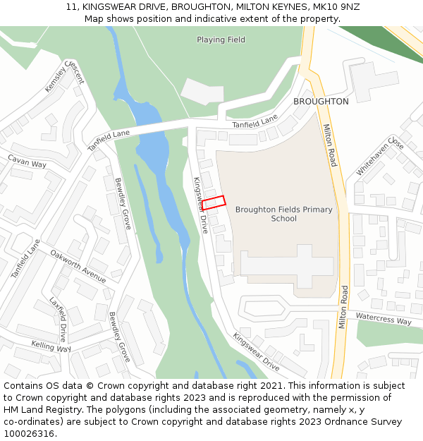 11, KINGSWEAR DRIVE, BROUGHTON, MILTON KEYNES, MK10 9NZ: Location map and indicative extent of plot