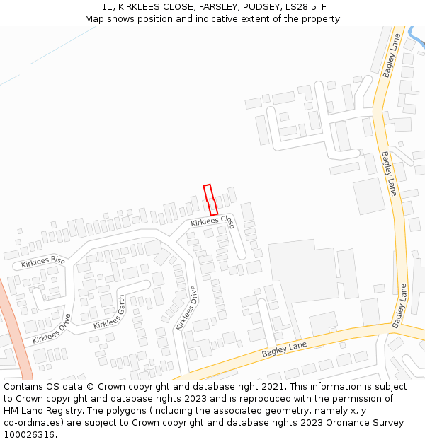 11, KIRKLEES CLOSE, FARSLEY, PUDSEY, LS28 5TF: Location map and indicative extent of plot