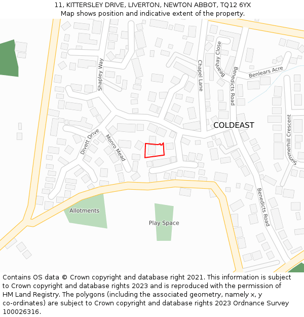 11, KITTERSLEY DRIVE, LIVERTON, NEWTON ABBOT, TQ12 6YX: Location map and indicative extent of plot
