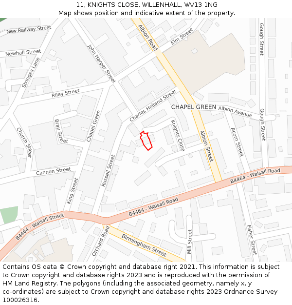 11, KNIGHTS CLOSE, WILLENHALL, WV13 1NG: Location map and indicative extent of plot