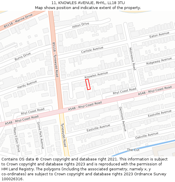 11, KNOWLES AVENUE, RHYL, LL18 3TU: Location map and indicative extent of plot