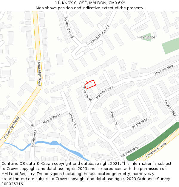 11, KNOX CLOSE, MALDON, CM9 6XY: Location map and indicative extent of plot