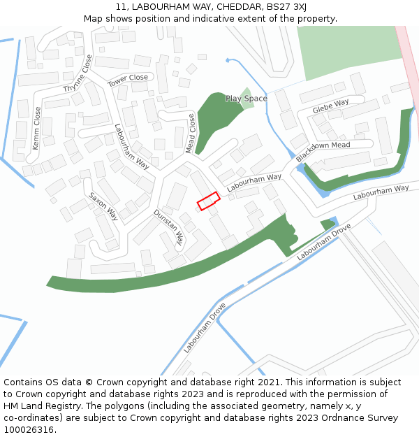 11, LABOURHAM WAY, CHEDDAR, BS27 3XJ: Location map and indicative extent of plot