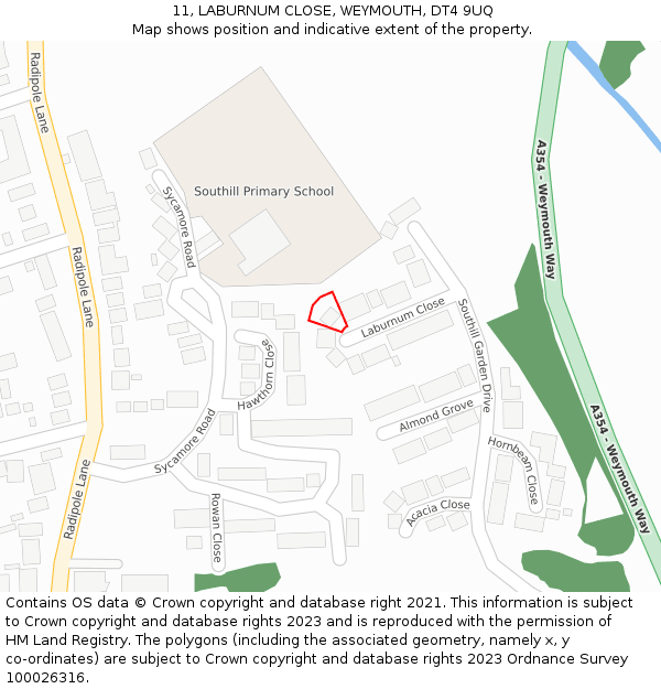 11, LABURNUM CLOSE, WEYMOUTH, DT4 9UQ: Location map and indicative extent of plot