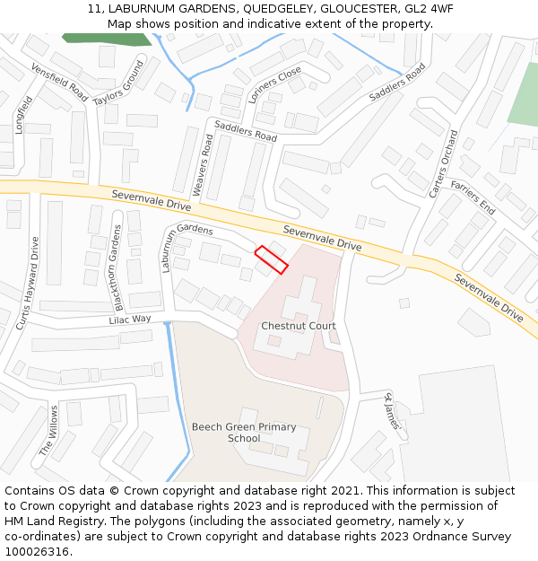 11, LABURNUM GARDENS, QUEDGELEY, GLOUCESTER, GL2 4WF: Location map and indicative extent of plot
