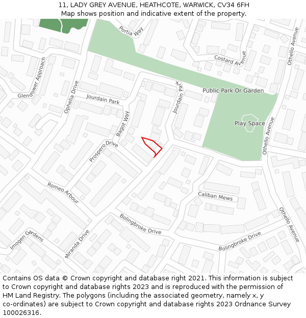 11, LADY GREY AVENUE, HEATHCOTE, WARWICK, CV34 6FH: Location map and indicative extent of plot
