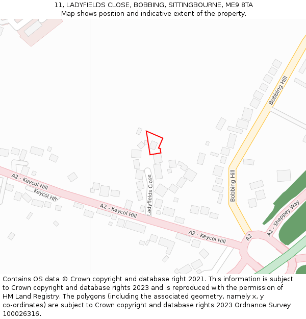 11, LADYFIELDS CLOSE, BOBBING, SITTINGBOURNE, ME9 8TA: Location map and indicative extent of plot