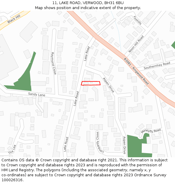 11, LAKE ROAD, VERWOOD, BH31 6BU: Location map and indicative extent of plot