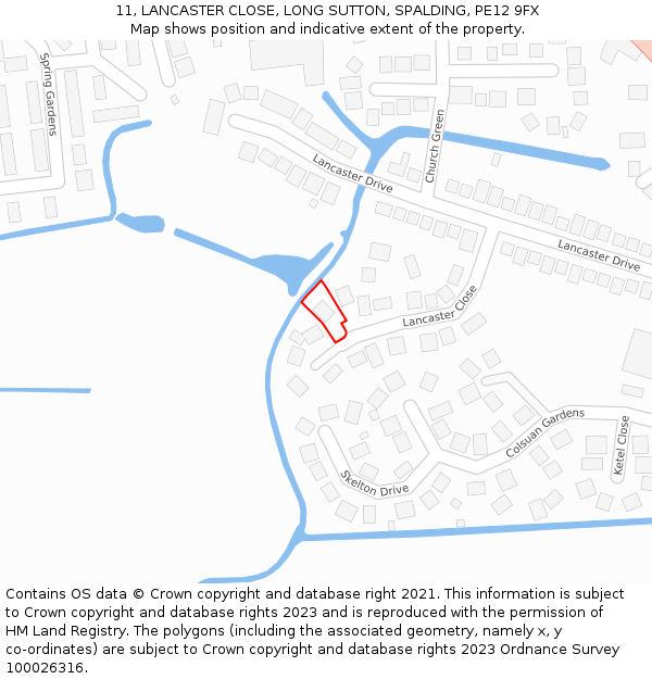 11, LANCASTER CLOSE, LONG SUTTON, SPALDING, PE12 9FX: Location map and indicative extent of plot