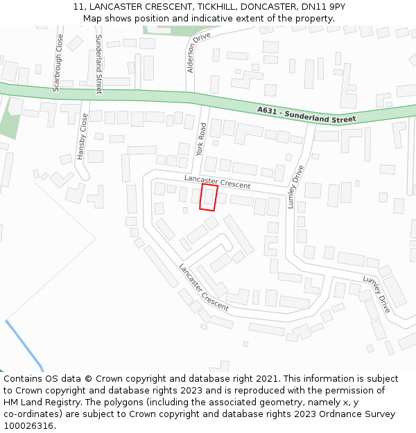 11, LANCASTER CRESCENT, TICKHILL, DONCASTER, DN11 9PY: Location map and indicative extent of plot