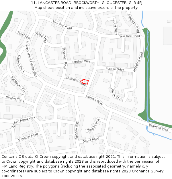 11, LANCASTER ROAD, BROCKWORTH, GLOUCESTER, GL3 4FJ: Location map and indicative extent of plot