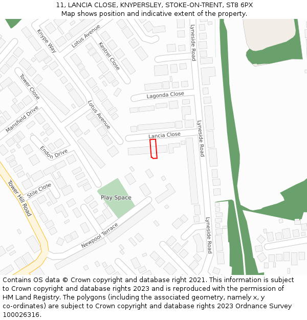 11, LANCIA CLOSE, KNYPERSLEY, STOKE-ON-TRENT, ST8 6PX: Location map and indicative extent of plot