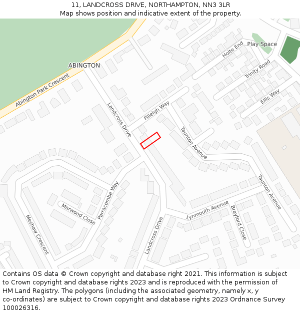 11, LANDCROSS DRIVE, NORTHAMPTON, NN3 3LR: Location map and indicative extent of plot