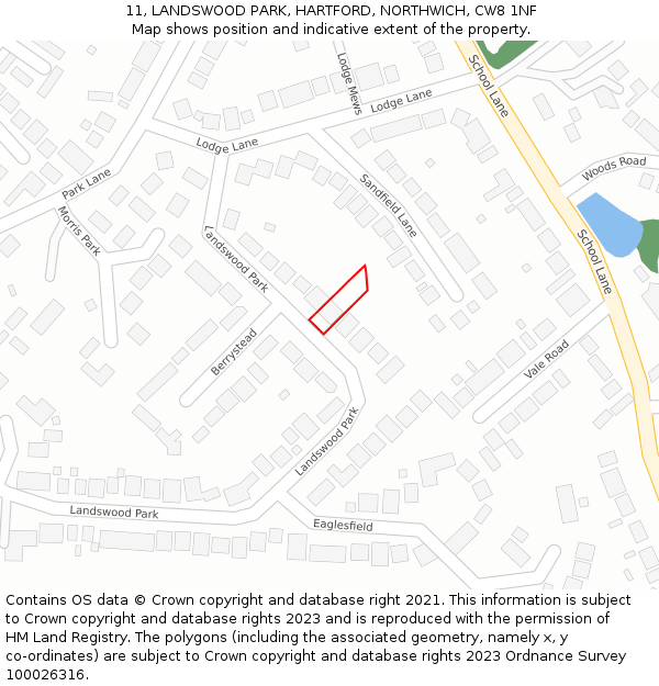 11, LANDSWOOD PARK, HARTFORD, NORTHWICH, CW8 1NF: Location map and indicative extent of plot