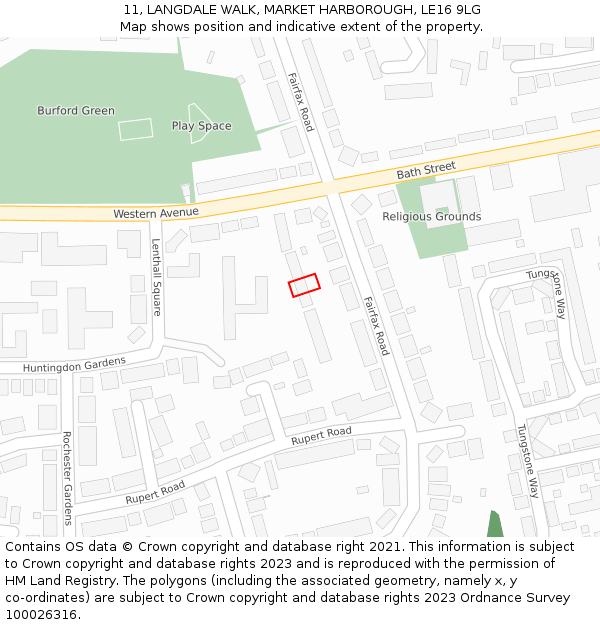 11, LANGDALE WALK, MARKET HARBOROUGH, LE16 9LG: Location map and indicative extent of plot