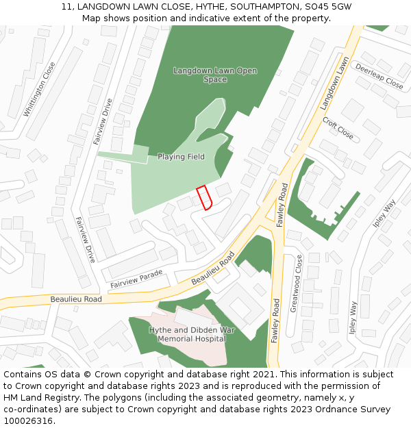 11, LANGDOWN LAWN CLOSE, HYTHE, SOUTHAMPTON, SO45 5GW: Location map and indicative extent of plot