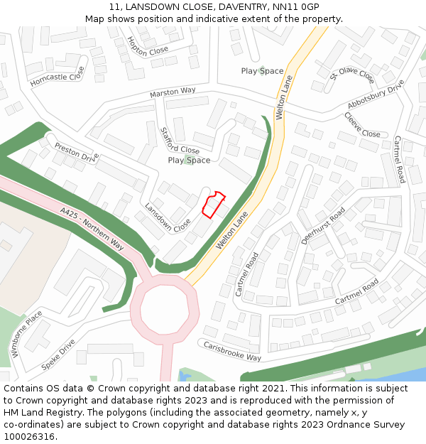 11, LANSDOWN CLOSE, DAVENTRY, NN11 0GP: Location map and indicative extent of plot