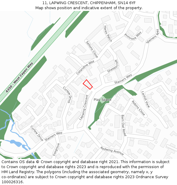 11, LAPWING CRESCENT, CHIPPENHAM, SN14 6YF: Location map and indicative extent of plot