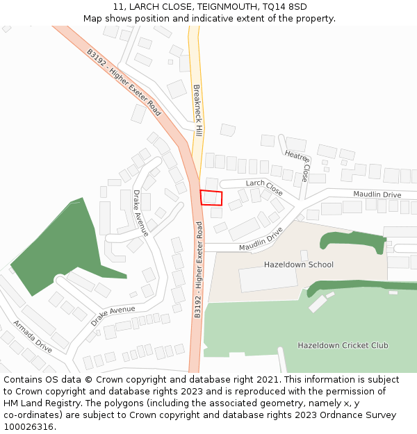 11, LARCH CLOSE, TEIGNMOUTH, TQ14 8SD: Location map and indicative extent of plot