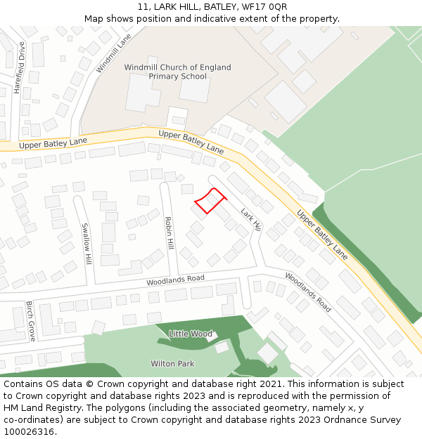 11, LARK HILL, BATLEY, WF17 0QR: Location map and indicative extent of plot