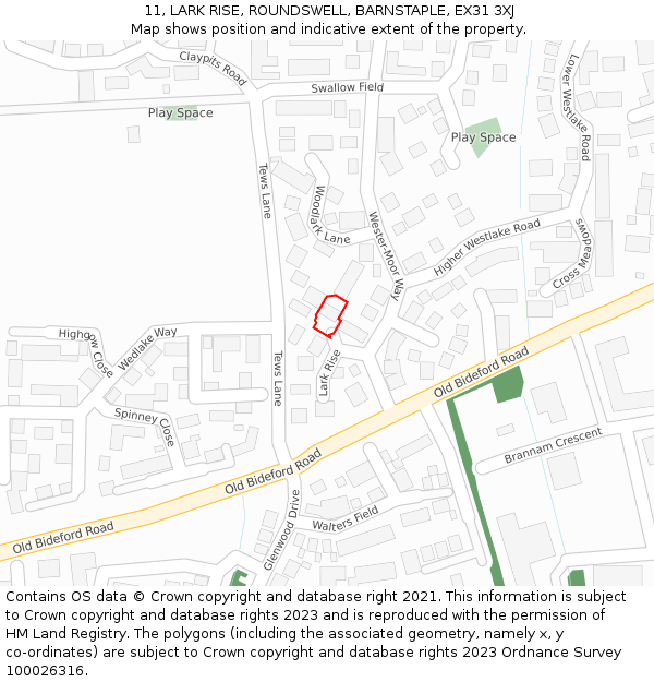 11, LARK RISE, ROUNDSWELL, BARNSTAPLE, EX31 3XJ: Location map and indicative extent of plot
