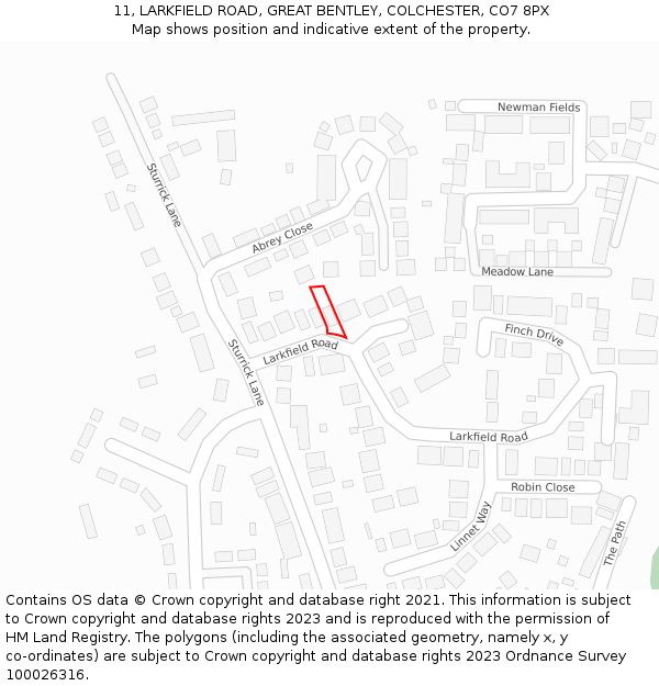 11, LARKFIELD ROAD, GREAT BENTLEY, COLCHESTER, CO7 8PX: Location map and indicative extent of plot