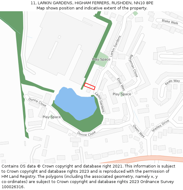 11, LARKIN GARDENS, HIGHAM FERRERS, RUSHDEN, NN10 8PE: Location map and indicative extent of plot