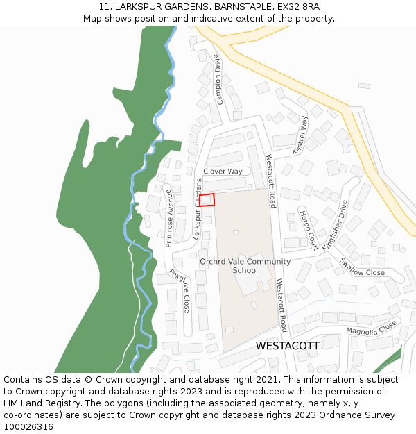 11, LARKSPUR GARDENS, BARNSTAPLE, EX32 8RA: Location map and indicative extent of plot