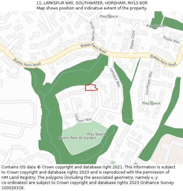 11, LARKSPUR WAY, SOUTHWATER, HORSHAM, RH13 9GR: Location map and indicative extent of plot