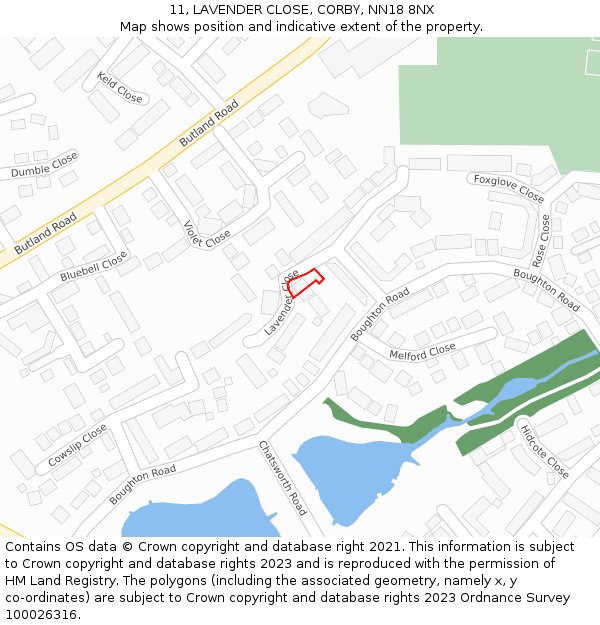 11, LAVENDER CLOSE, CORBY, NN18 8NX: Location map and indicative extent of plot