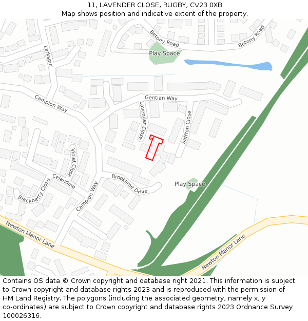 11, LAVENDER CLOSE, RUGBY, CV23 0XB: Location map and indicative extent of plot