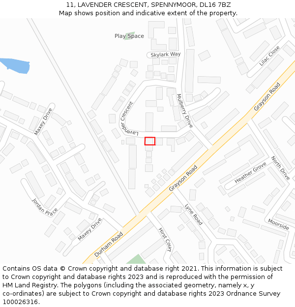11, LAVENDER CRESCENT, SPENNYMOOR, DL16 7BZ: Location map and indicative extent of plot