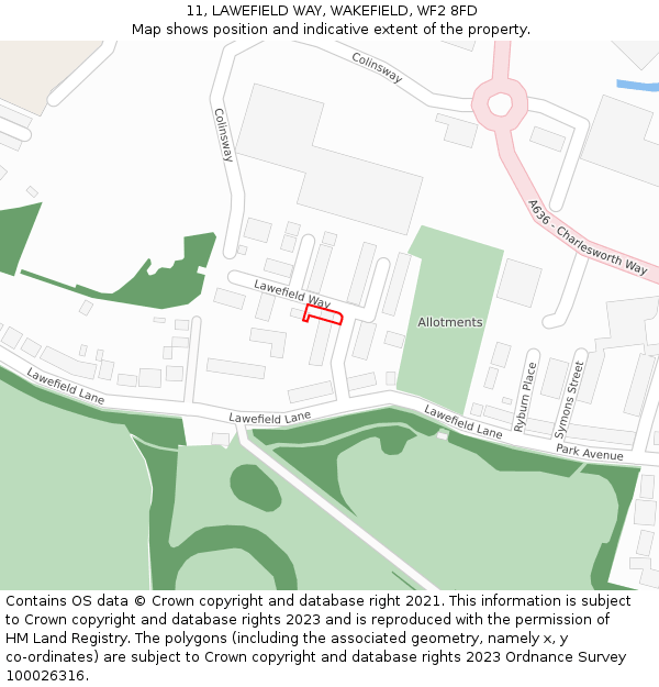 11, LAWEFIELD WAY, WAKEFIELD, WF2 8FD: Location map and indicative extent of plot