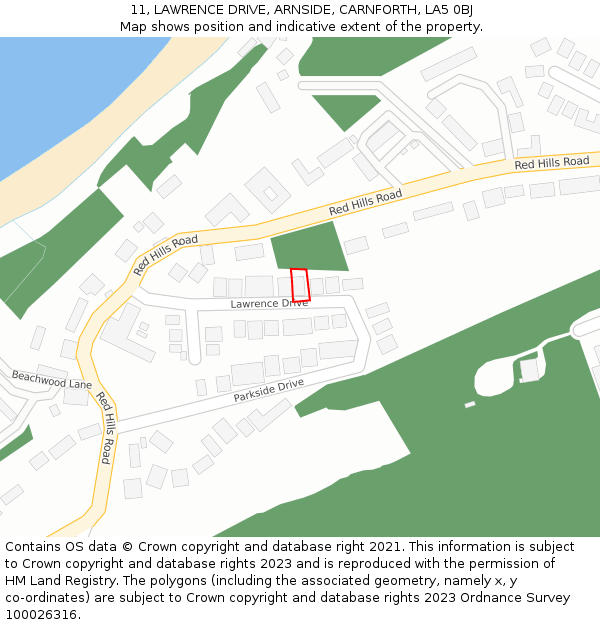 11, LAWRENCE DRIVE, ARNSIDE, CARNFORTH, LA5 0BJ: Location map and indicative extent of plot