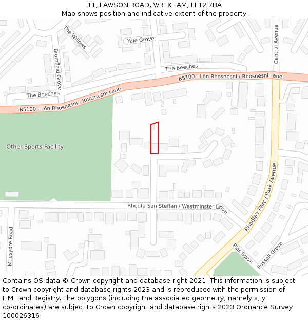 11, LAWSON ROAD, WREXHAM, LL12 7BA: Location map and indicative extent of plot