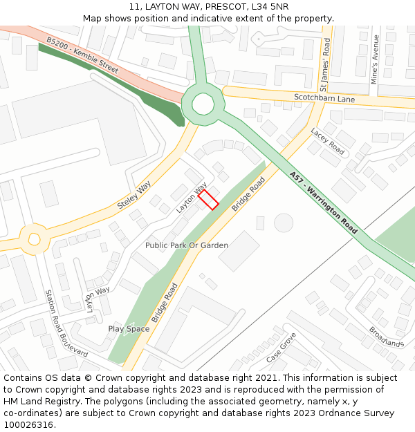 11, LAYTON WAY, PRESCOT, L34 5NR: Location map and indicative extent of plot