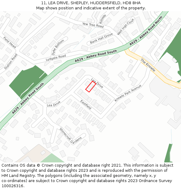 11, LEA DRIVE, SHEPLEY, HUDDERSFIELD, HD8 8HA: Location map and indicative extent of plot