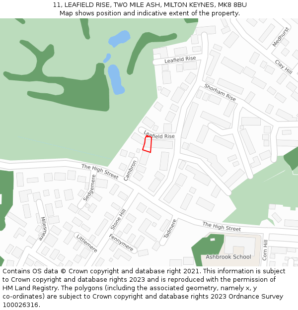 11, LEAFIELD RISE, TWO MILE ASH, MILTON KEYNES, MK8 8BU: Location map and indicative extent of plot