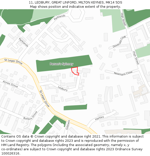 11, LEDBURY, GREAT LINFORD, MILTON KEYNES, MK14 5DS: Location map and indicative extent of plot