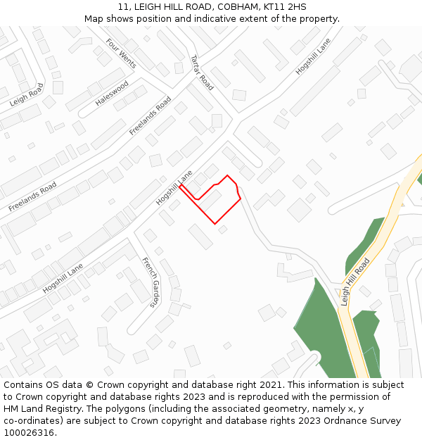 11, LEIGH HILL ROAD, COBHAM, KT11 2HS: Location map and indicative extent of plot
