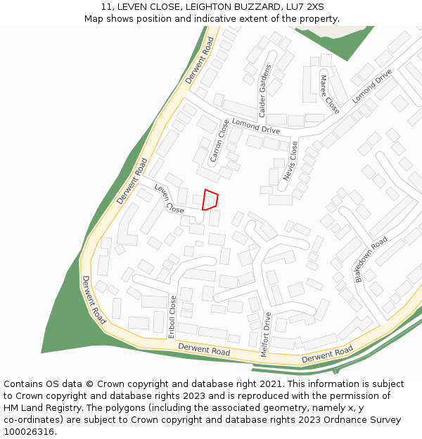 11, LEVEN CLOSE, LEIGHTON BUZZARD, LU7 2XS: Location map and indicative extent of plot