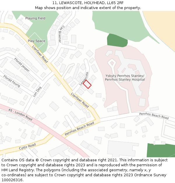 11, LEWASCOTE, HOLYHEAD, LL65 2RF: Location map and indicative extent of plot