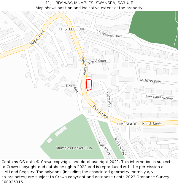 11, LIBBY WAY, MUMBLES, SWANSEA, SA3 4LB: Location map and indicative extent of plot