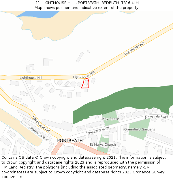 11, LIGHTHOUSE HILL, PORTREATH, REDRUTH, TR16 4LH: Location map and indicative extent of plot