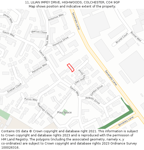 11, LILIAN IMPEY DRIVE, HIGHWOODS, COLCHESTER, CO4 9GP: Location map and indicative extent of plot