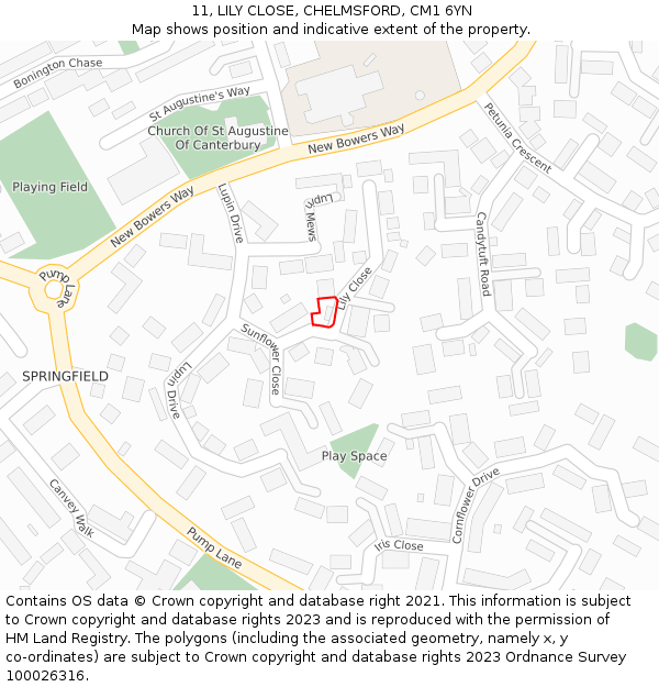 11, LILY CLOSE, CHELMSFORD, CM1 6YN: Location map and indicative extent of plot