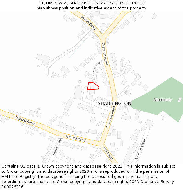 11, LIMES WAY, SHABBINGTON, AYLESBURY, HP18 9HB: Location map and indicative extent of plot