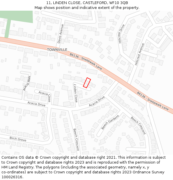 11, LINDEN CLOSE, CASTLEFORD, WF10 3QB: Location map and indicative extent of plot