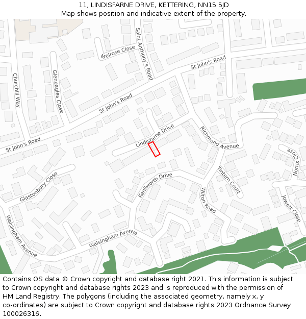 11, LINDISFARNE DRIVE, KETTERING, NN15 5JD: Location map and indicative extent of plot